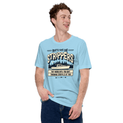 Funny boating tee with a boat on a lake and humorous saying, 'Boats are like strippers, they work until you quit throwing $100 bills at them'.