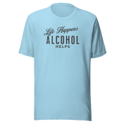 "Life Happens Alcohol Helps" T-Shirt: Embrace Fun! Get your hands on the ultimate funny drinking t-shirt. Comfortable, lightweight, and perfect for all. Dive into fun with style!