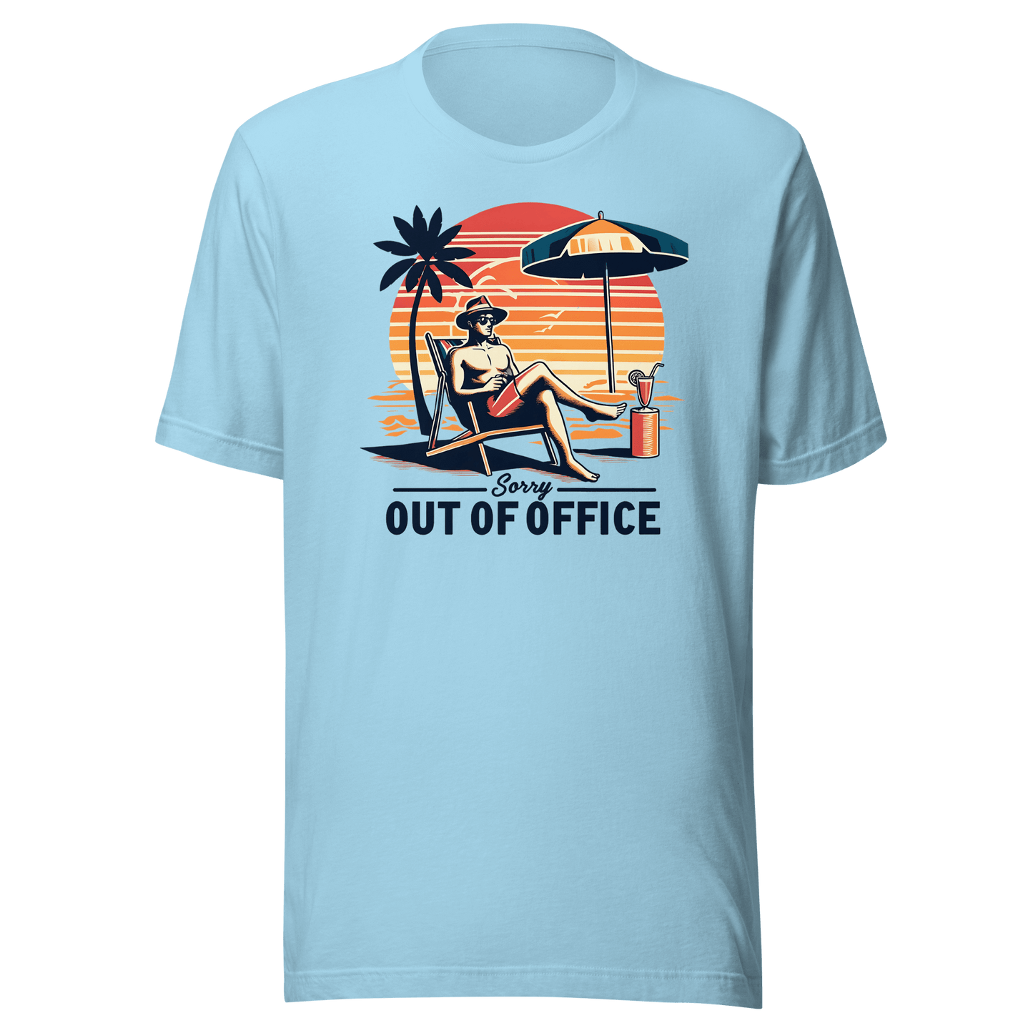 Man lounging in a beach chair with a cocktail, wearing our 'Sorry, Out of Office' vintage tee against a retro sunset backdrop.
