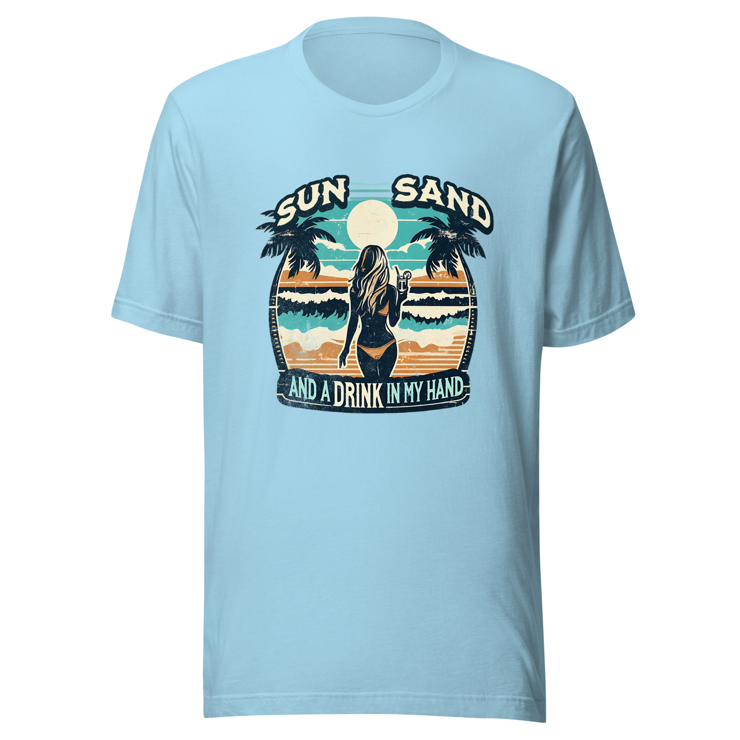 Woman with cocktail on beach on 'Sun, Sand, and a Drink in My Hand' tee, showcasing ocean and sun background