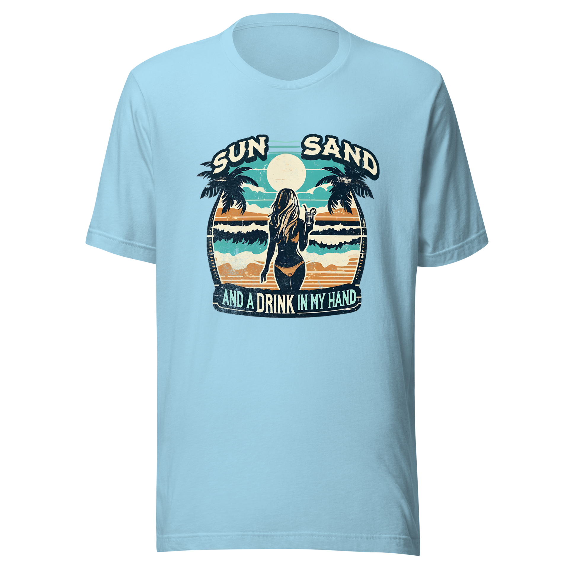 Woman with cocktail on beach on 'Sun, Sand, and a Drink in My Hand' tee, showcasing ocean and sun background