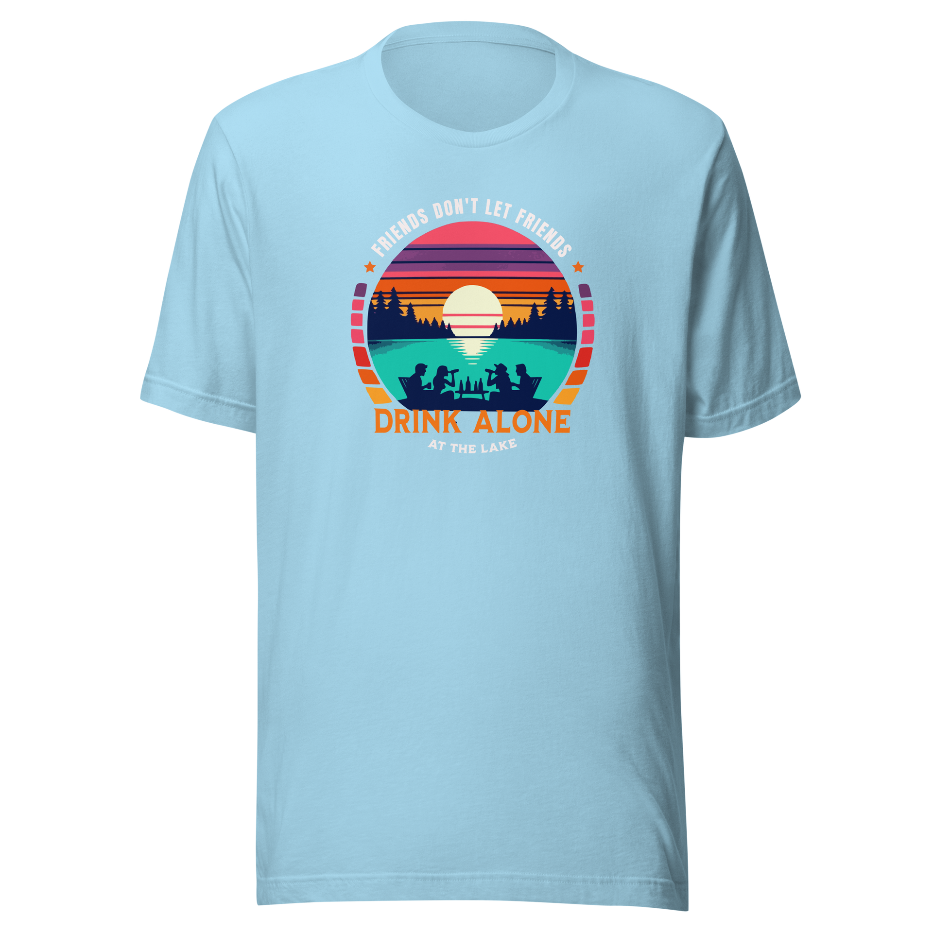 Tee showcasing "Friends Don't Let Friends Drink Alone at the Lake" with a retro sunset and lake scene.