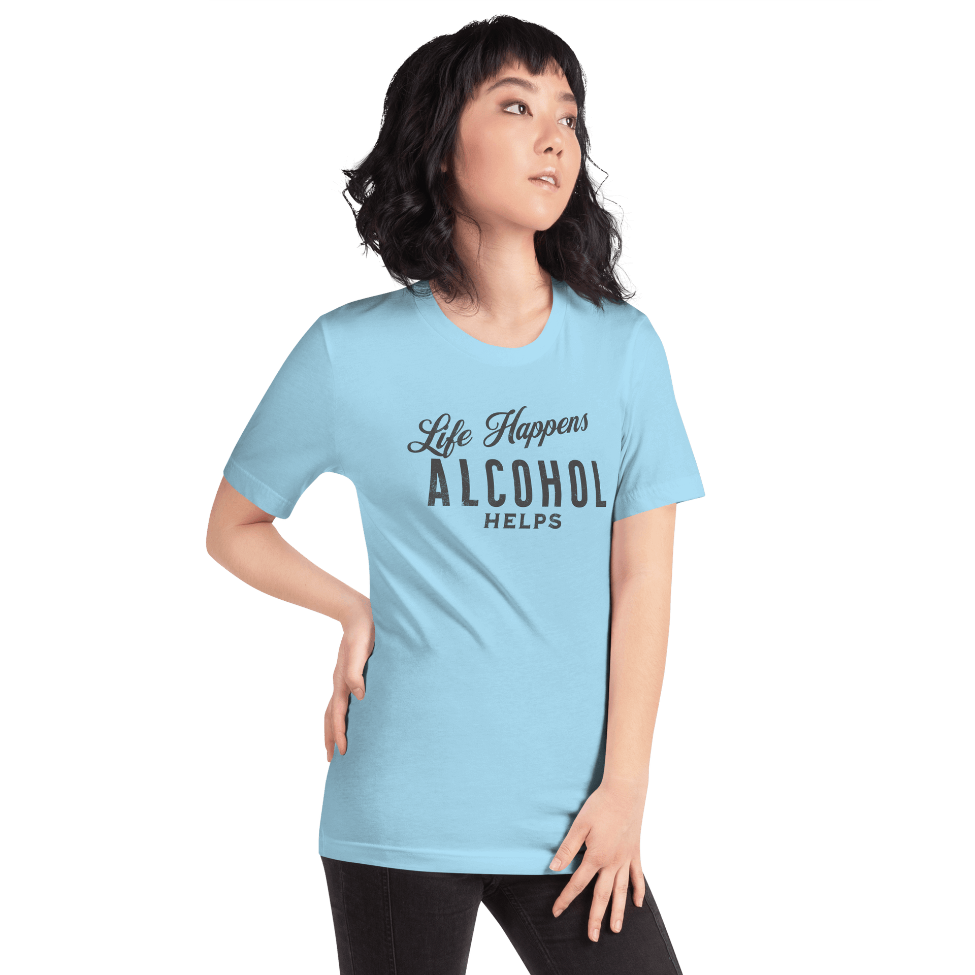 "Life Happens Alcohol Helps" T-Shirt: Embrace Fun! Get your hands on the ultimate funny drinking t-shirt. Comfortable, lightweight, and perfect for all. Dive into fun with style!