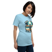 Woman with cocktail on beach on 'Sun, Sand, and a Drink in My Hand' tee, showcasing ocean and sun background