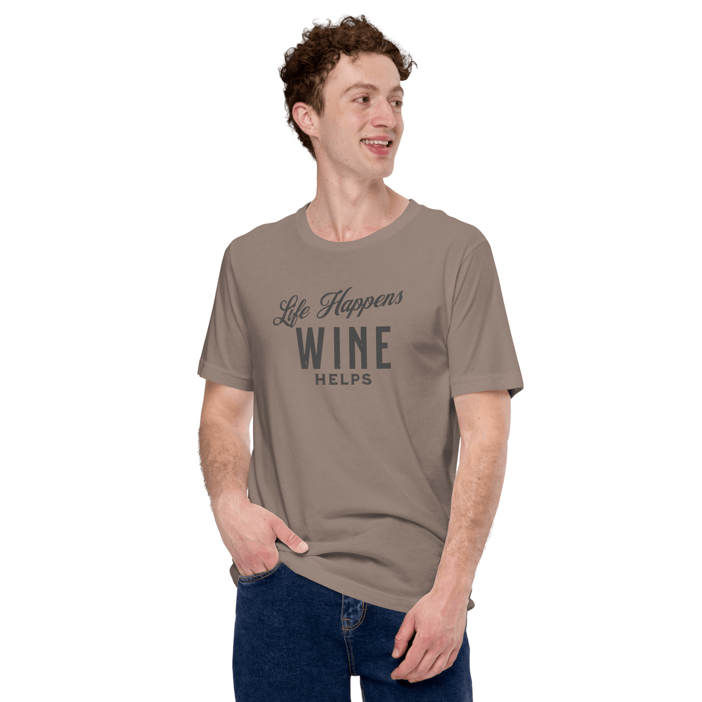 Life Happens Wine Helps Tee - Funny & Comfy ApparelEmbrace laid-back style with our "Life Happens Wine Helps" Tee. Perfect blend of humor & comfort in 100% cotton. Ideal for everyday wear. Shop now!