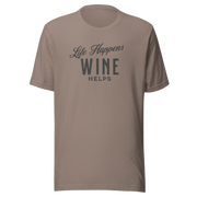 Life Happens Wine Helps Tee - Funny & Comfy ApparelEmbrace laid-back style with our "Life Happens Wine Helps" Tee. Perfect blend of humor & comfort in 100% cotton. Ideal for everyday wear. Shop now!