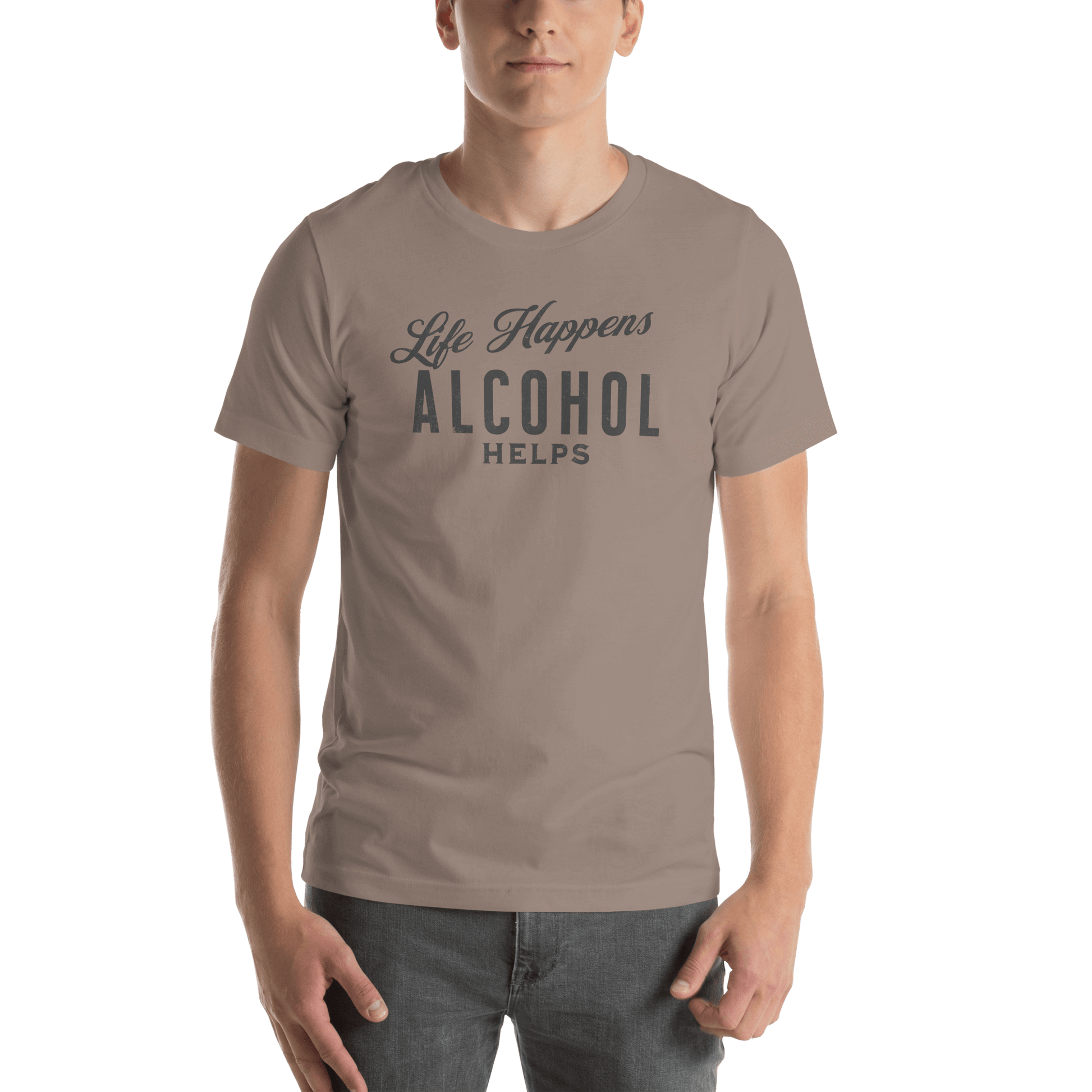 "Life Happens Alcohol Helps" T-Shirt: Embrace Fun! Get your hands on the ultimate funny drinking t-shirt. Comfortable, lightweight, and perfect for all. Dive into fun with style!