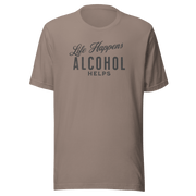 "Life Happens Alcohol Helps" T-Shirt: Embrace Fun! Get your hands on the ultimate funny drinking t-shirt. Comfortable, lightweight, and perfect for all. Dive into fun with style!