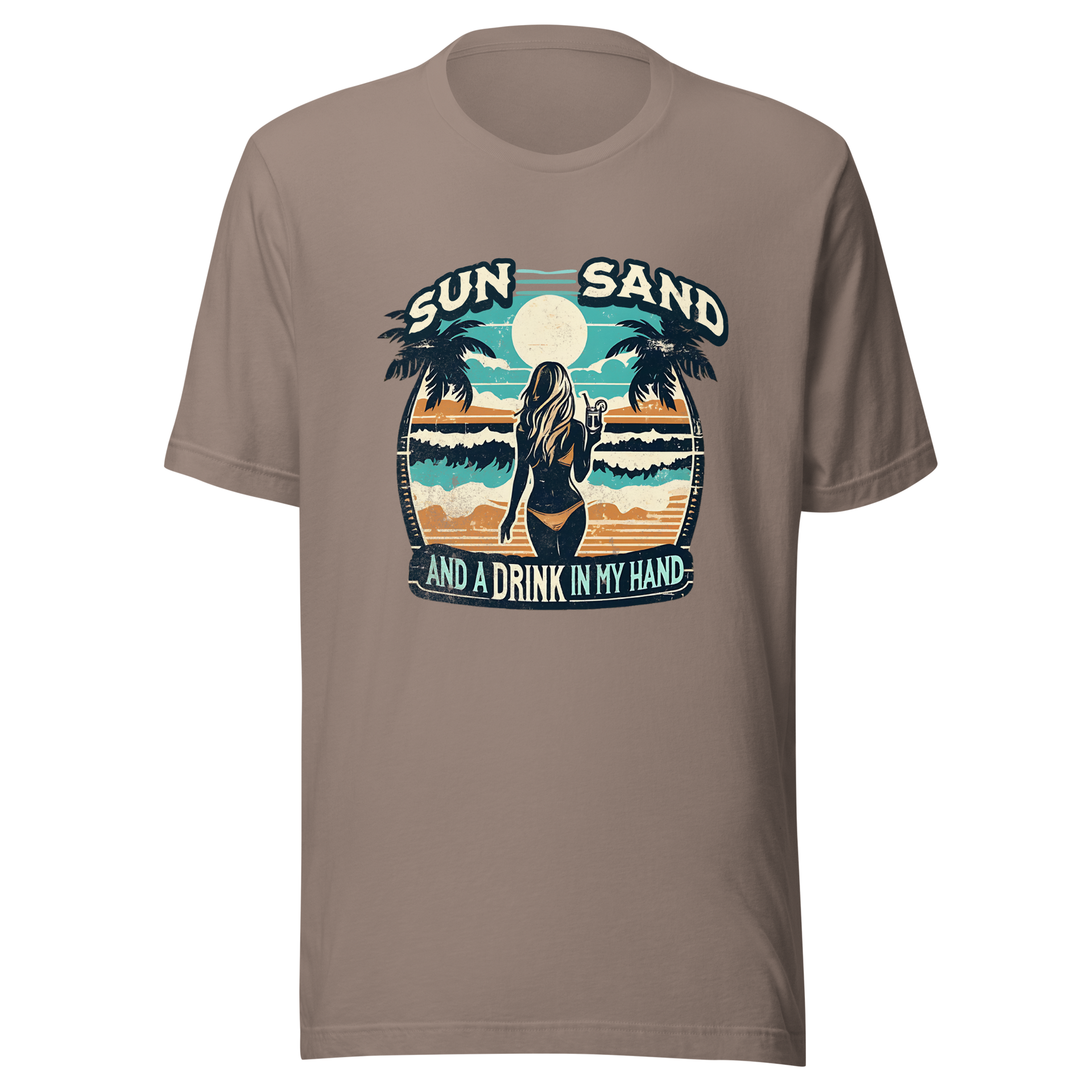 Woman with cocktail on beach on 'Sun, Sand, and a Drink in My Hand' tee, showcasing ocean and sun background