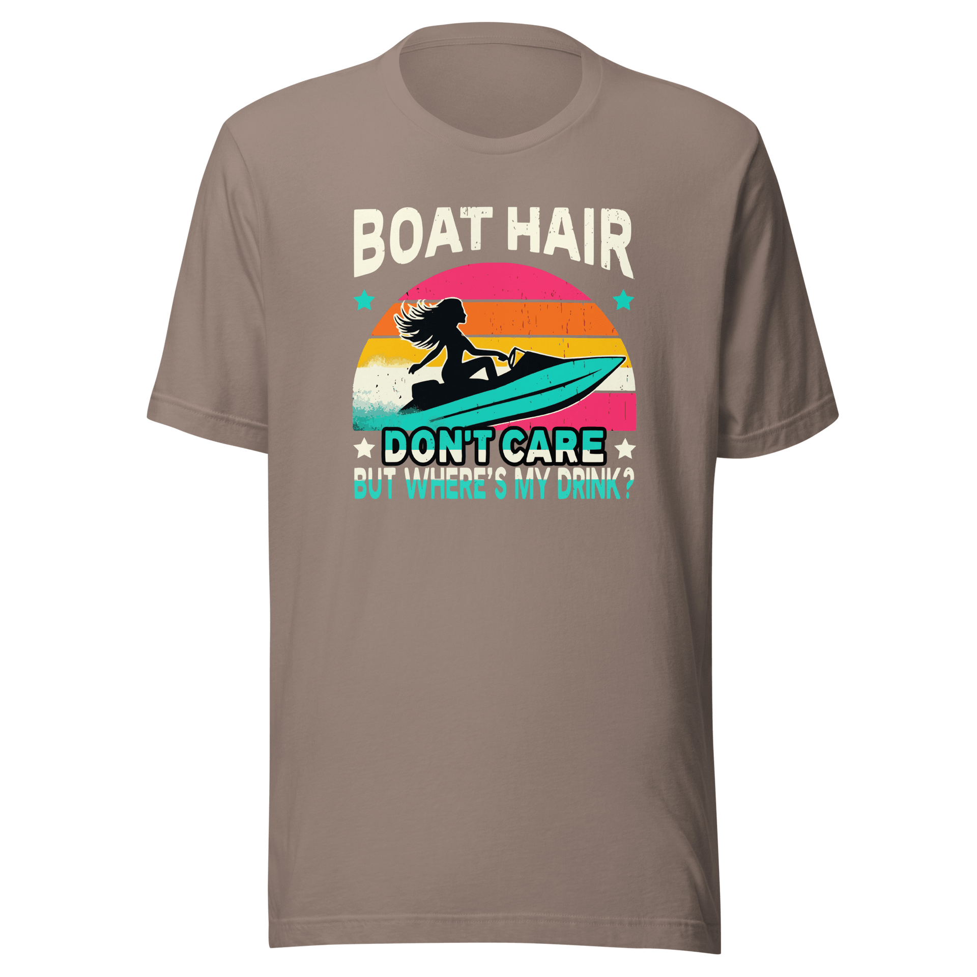 Tee with "Boar Hair Don't Care, But Where's My Drink?" and a woman on a jet ski against a retro sunset backdrop.