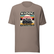 Tee showing "Warning: The Girls Are Drinking Again" with an image of girls on a pontoon boat enjoying drinks at sunset.