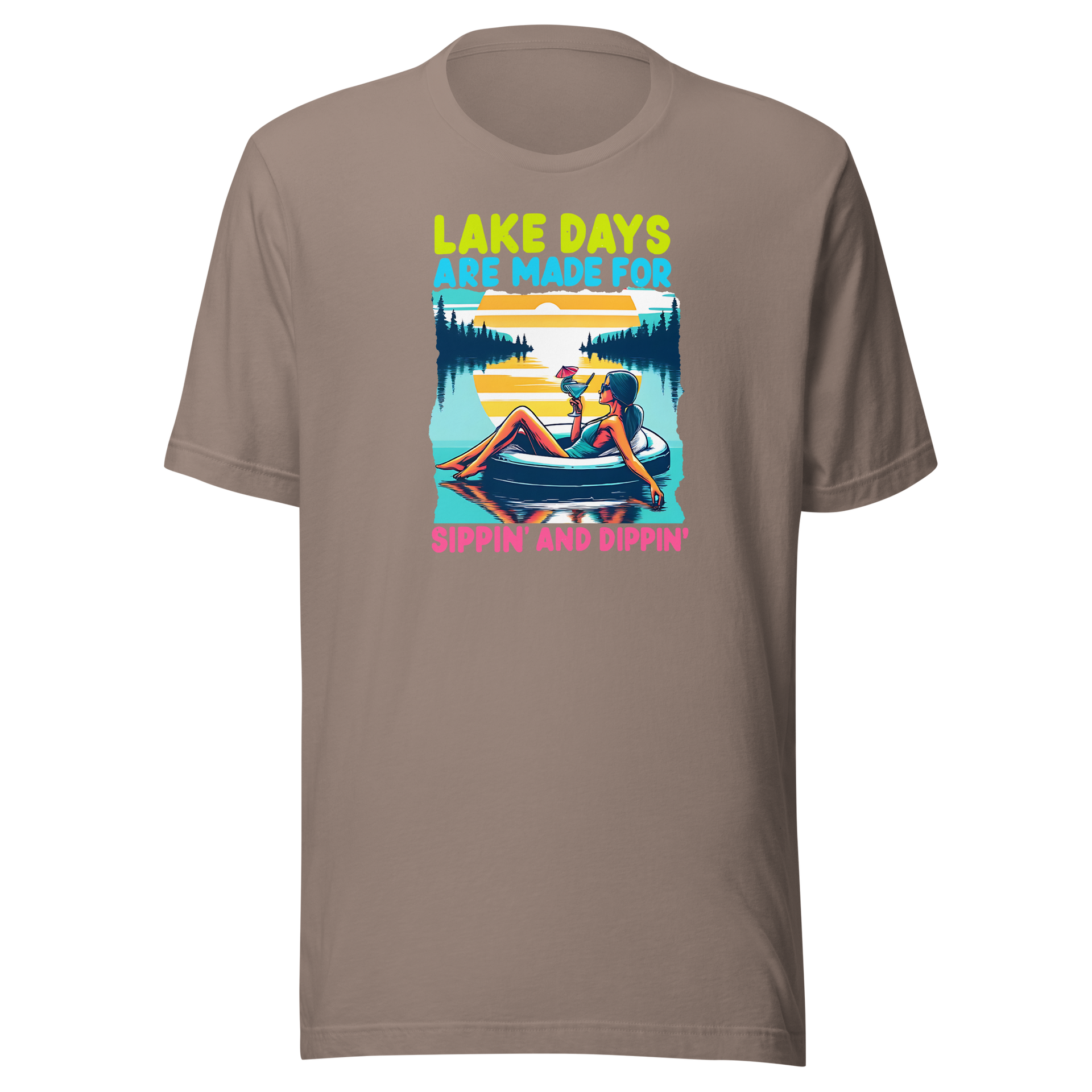 Tee with "Lake Days Are Made for Sipping and Dipping," featuring a woman on a tube float with a cocktail, lake and sunset backdrop.