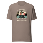 Tee with "It's a Good Day to Drink at the Lake with Friends," showing people drinking on a boat, with lake and mountain views.