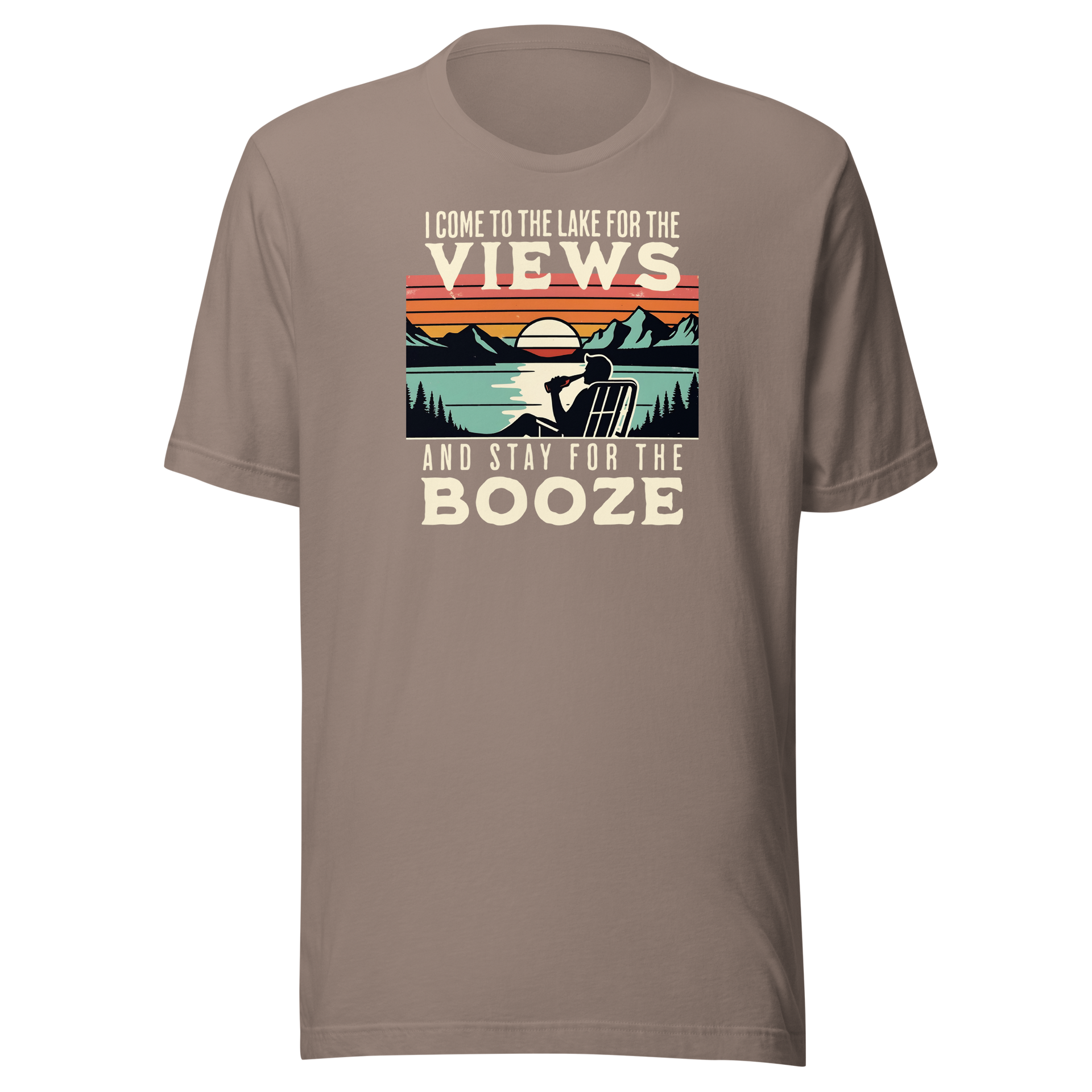 Tee showing "I Come to the Lake for the Views and Stay for the Booze," with a man in a beach chair, lake, and retro sunset.