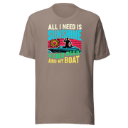 Tee featuring "All I Need Is Sunshine, a Cold Beer, and My Boat" with a man in a boat and a retro sunset in the background.