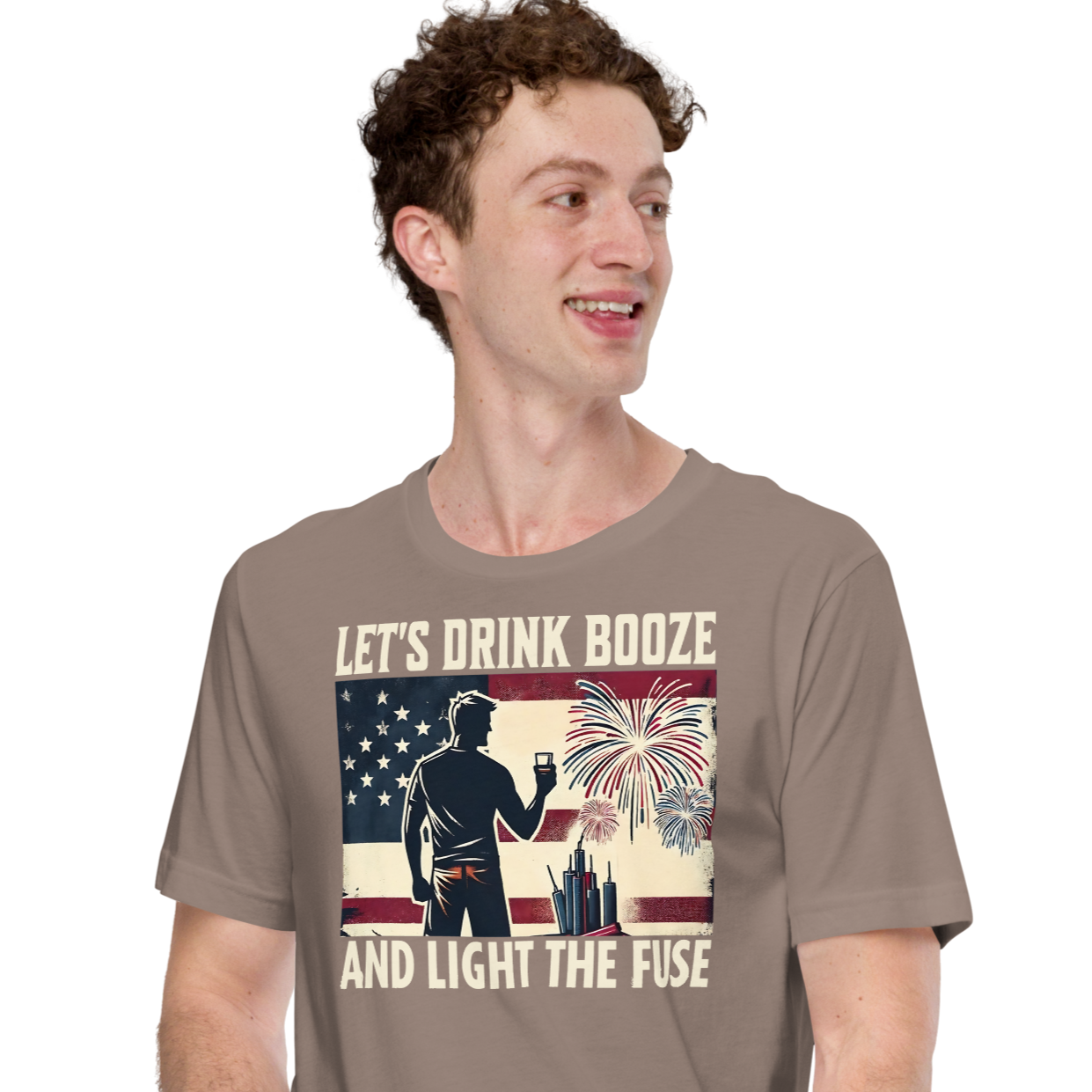 4th of July T-shirt with 'Let's Drink Booze and Light the Fuse' text, featuring a festive, patriotic theme
