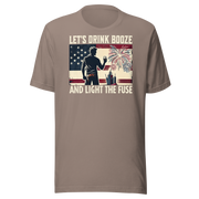 4th of July T-shirt with 'Let's Drink Booze and Light the Fuse' text, featuring a festive, patriotic theme