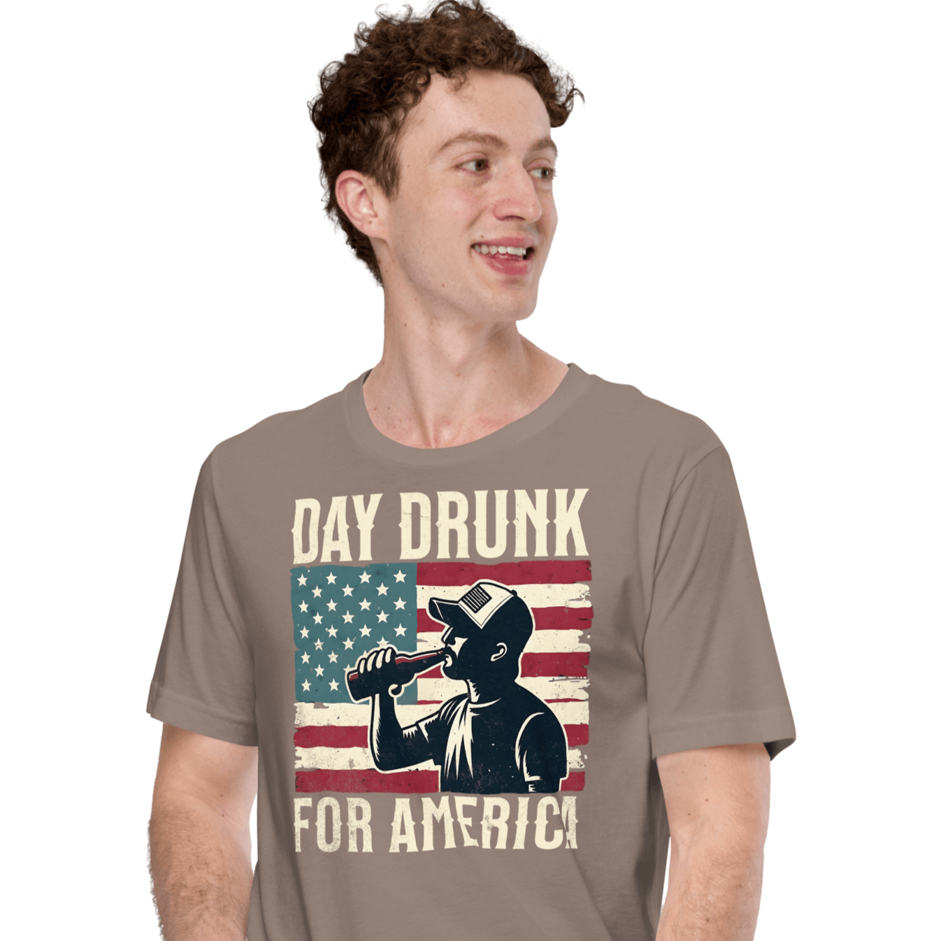 T-shirt with Day Drunk for America text, silhouette of a man drinking a bottle of beer, and distressed American flag background. Perfect for 4th of July.