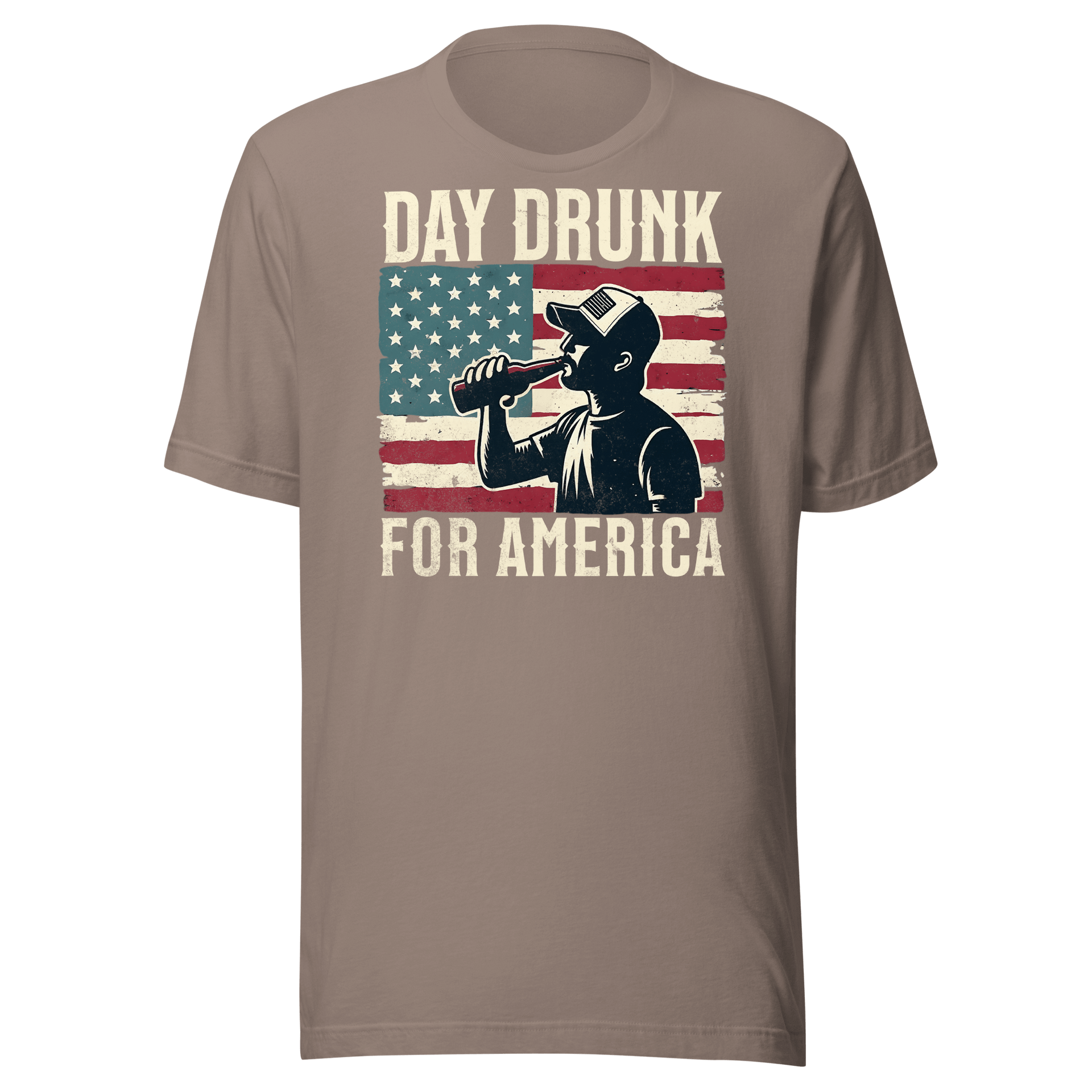 T-shirt with Day Drunk for America text, silhouette of a man drinking a bottle of beer, and distressed American flag background. Perfect for 4th of July.