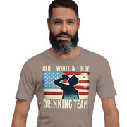 T-shirt with Red White and Blue Drinking Team text, man drinking beer, and distressed American flag background. Perfect for 4th of July.