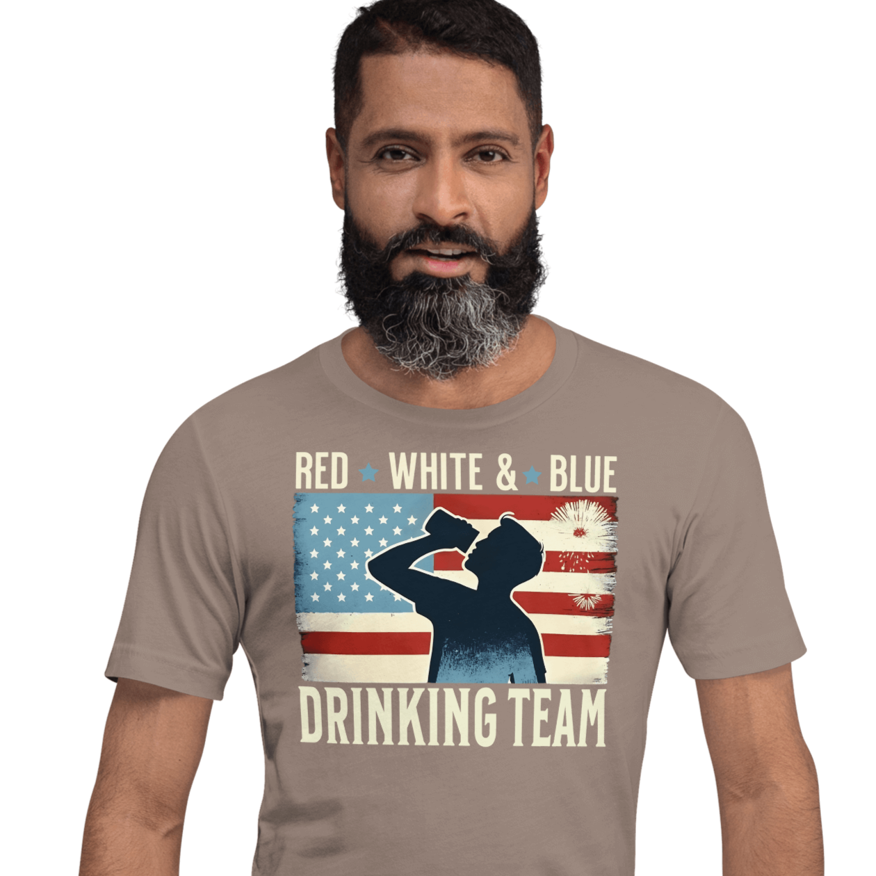 T-shirt with Red White and Blue Drinking Team text, man drinking beer, and distressed American flag background. Perfect for 4th of July.