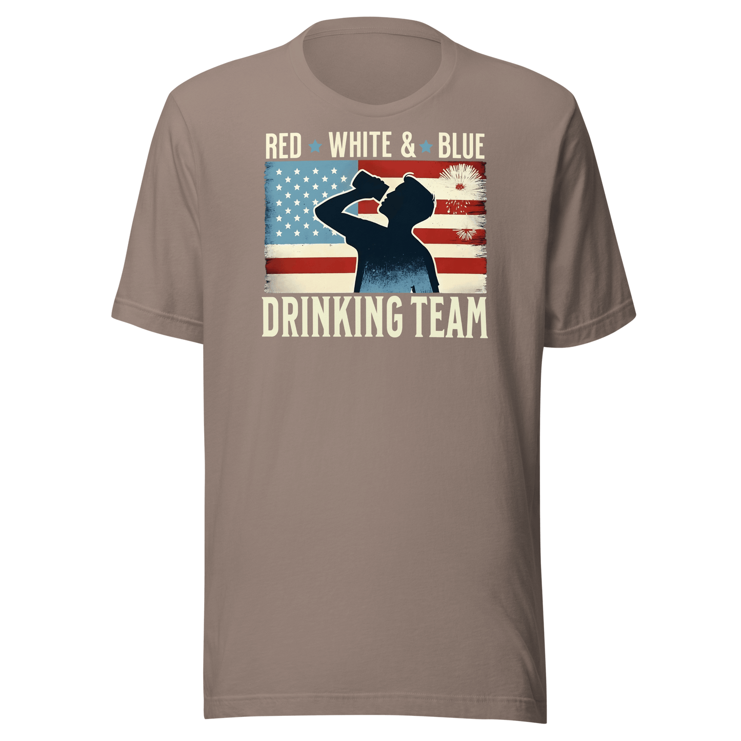 T-shirt with Red White and Blue Drinking Team text, man drinking beer, and distressed American flag background. Perfect for 4th of July.