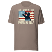 T-shirt with Red White and Blue Drinking Team text, man drinking beer, and distressed American flag background. Perfect for 4th of July.