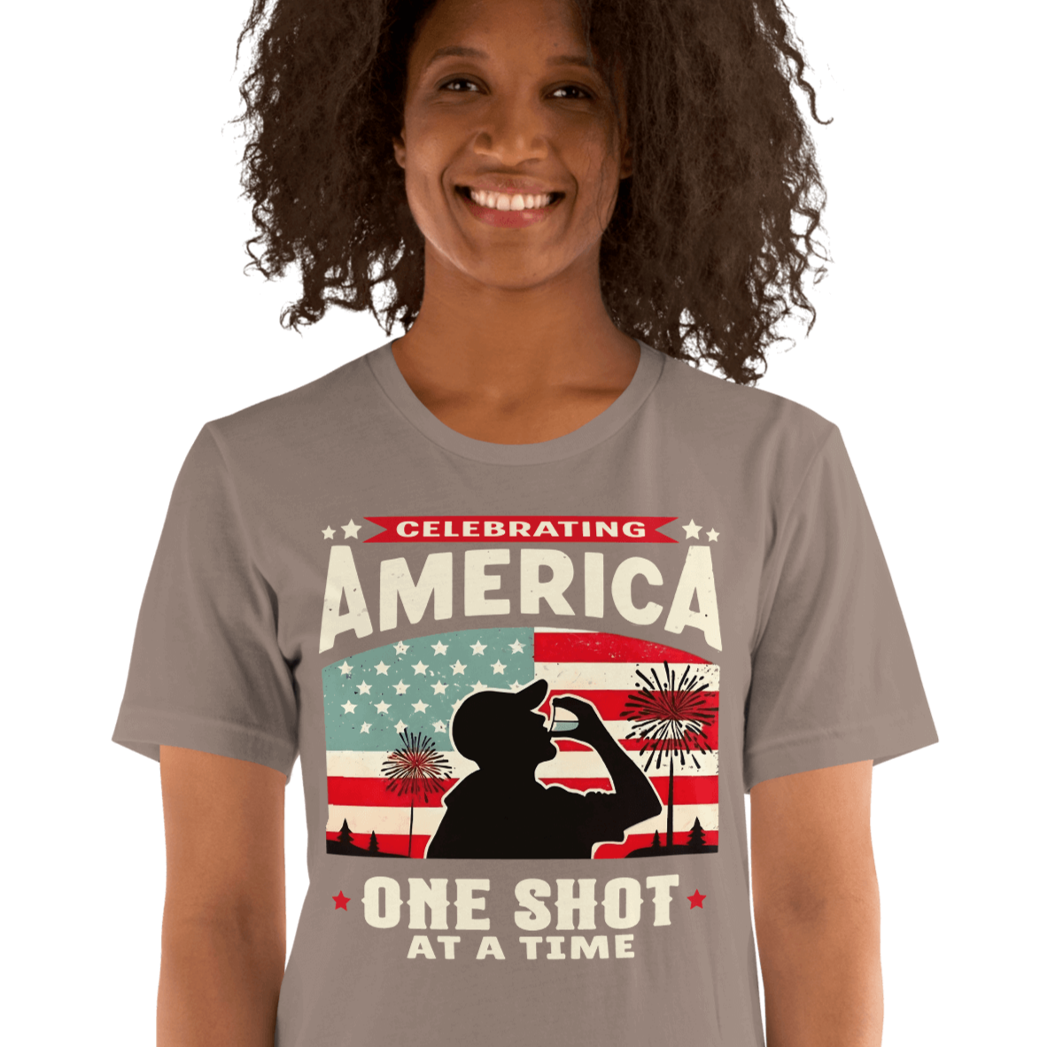 T-shirt with Celebrating America One Shot at a Time text, silhouette of a man drinking a shot, and distressed American flag background. Perfect for 4th of July.