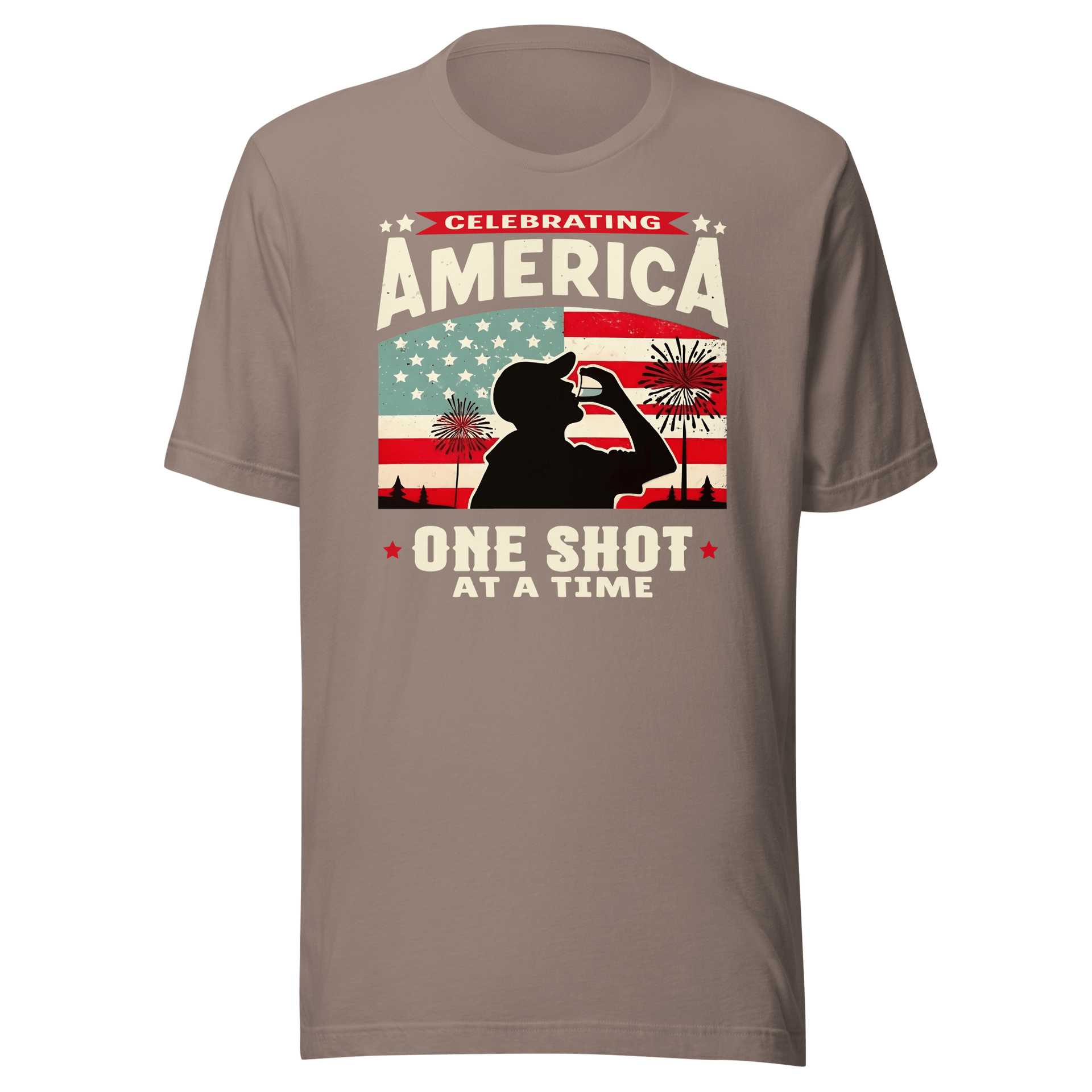 T-shirt with Celebrating America One Shot at a Time text, silhouette of a man drinking a shot, and distressed American flag background. Perfect for 4th of July.