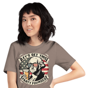 T-shirt with Let's Get This Party Founded text, George Washington drinking a beer, and distressed American flag background. Perfect for 4th of July.