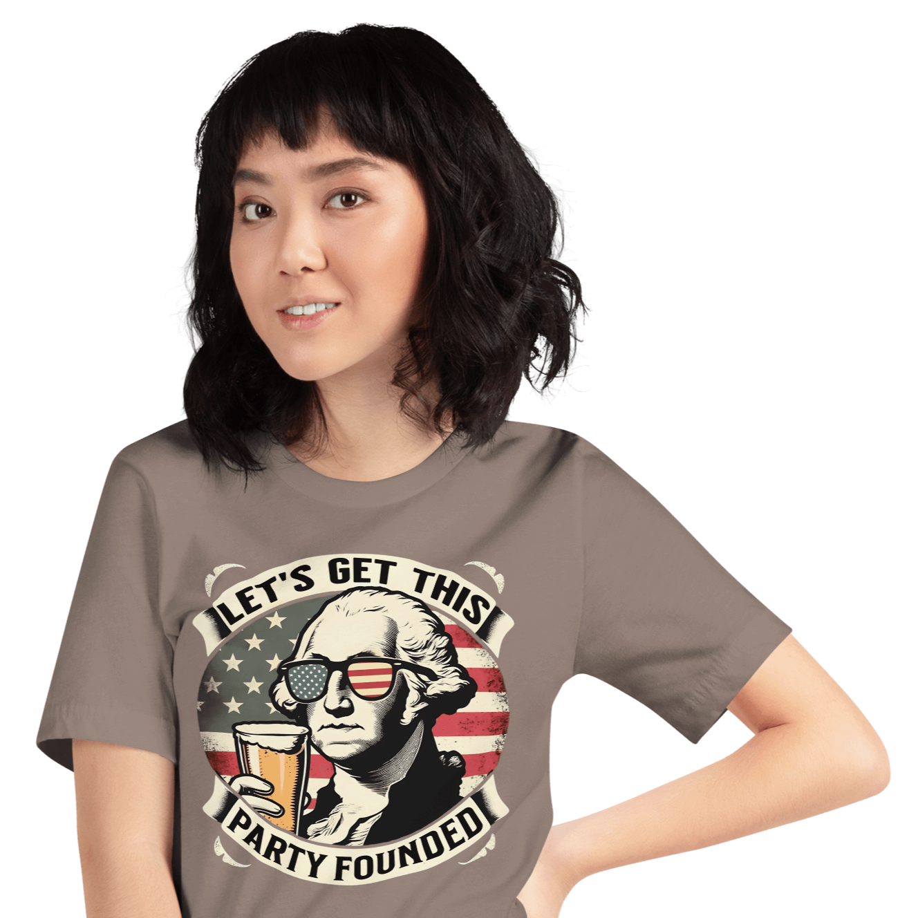 T-shirt with Let's Get This Party Founded text, George Washington drinking a beer, and distressed American flag background. Perfect for 4th of July.