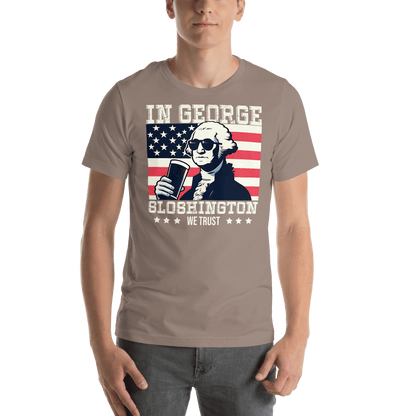 T-shirt with In George Sloshington We Trust text, image of George Washington drinking a beer, and distressed American flag background. Perfect for 4th of July.