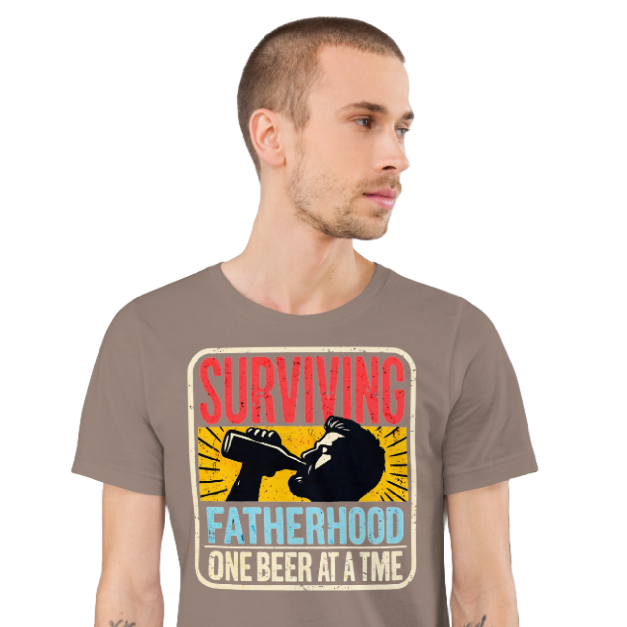 Celebrate fatherhood with our "Surviving Fatherhood One Beer at a Time" t-shirt. Perfect gift for dads who love a cold one. Ideal for Father's Day or birthdays.