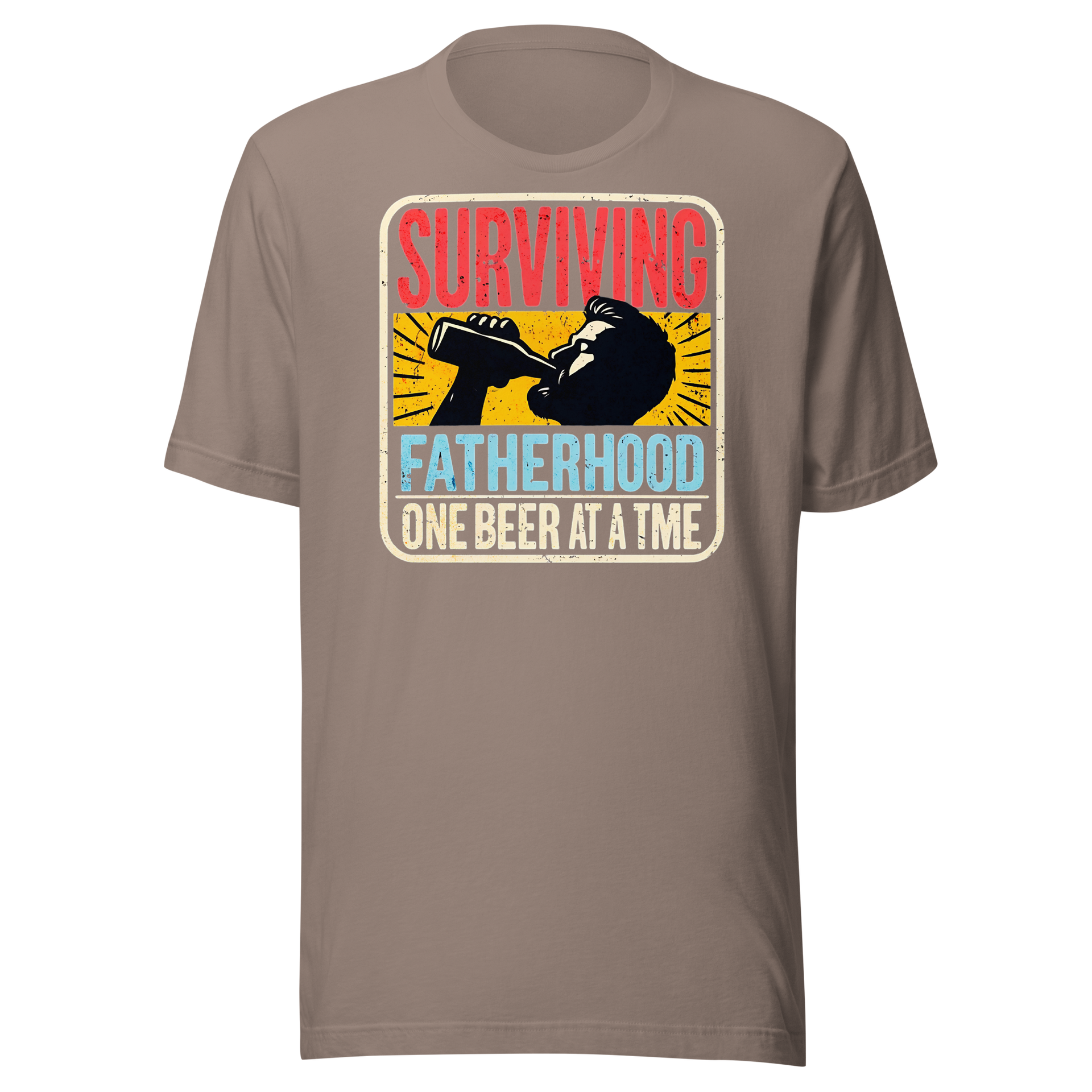 Celebrate fatherhood with our "Surviving Fatherhood One Beer at a Time" t-shirt. Perfect gift for dads who love a cold one. Ideal for Father's Day or birthdays.