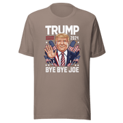 Trump 2024 Bye Bye Joe funny tee with illustration of Trump waving and American flag accents