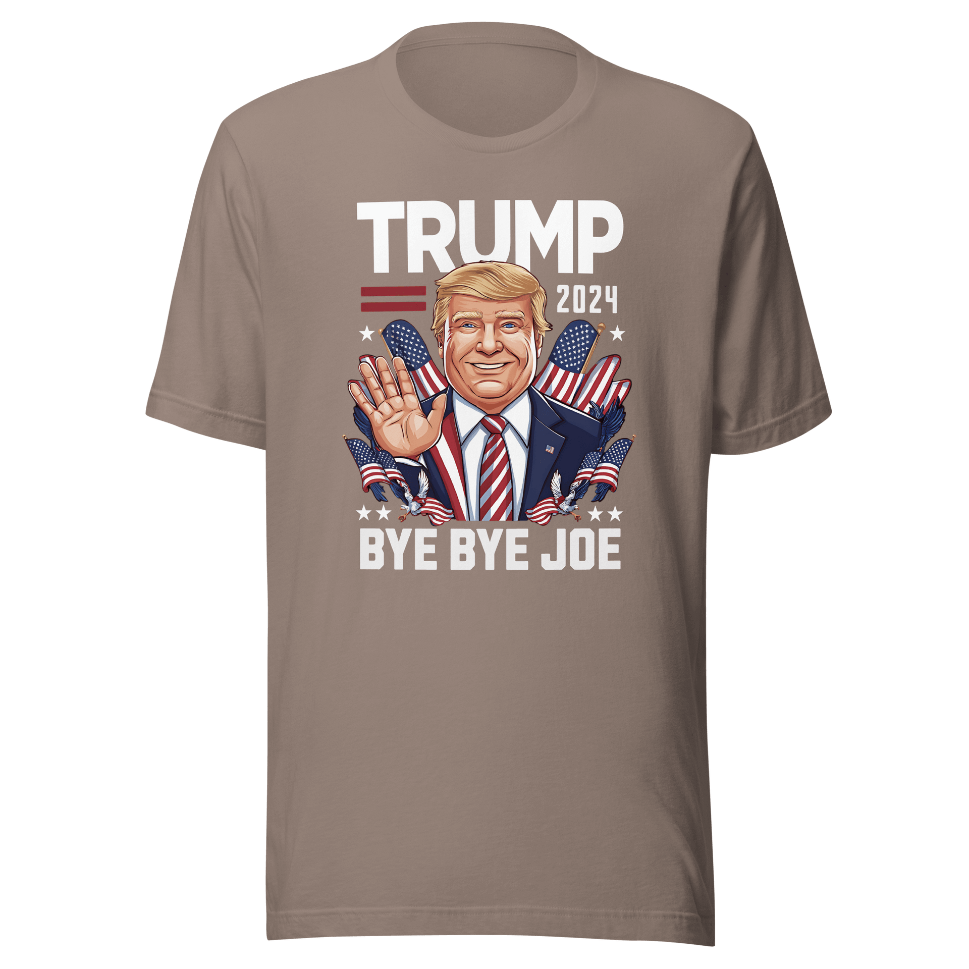 Trump 2024 Bye Bye Joe funny tee with illustration of Trump waving and American flag accents