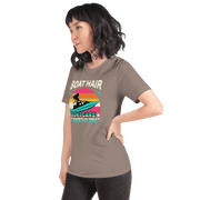 Tee with "Boar Hair Don't Care, But Where's My Drink?" and a woman on a jet ski against a retro sunset backdrop.