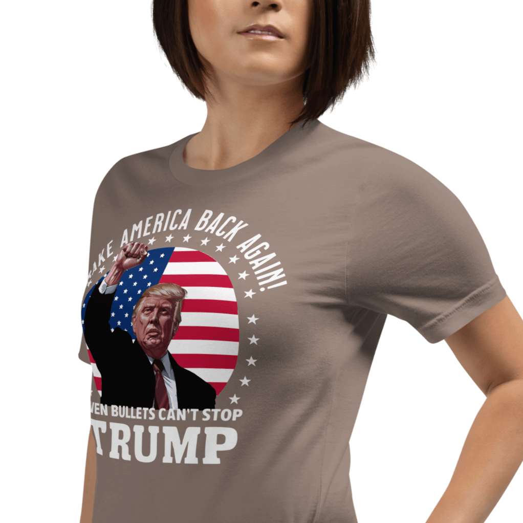 Woman wearing a "Even Bullets Can't Stop Trump" t-shirt with American flag emblem.