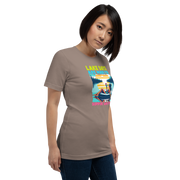 Tee with "Lake Days Are Made for Sipping and Dipping," featuring a woman on a tube float with a cocktail, lake and sunset backdrop.