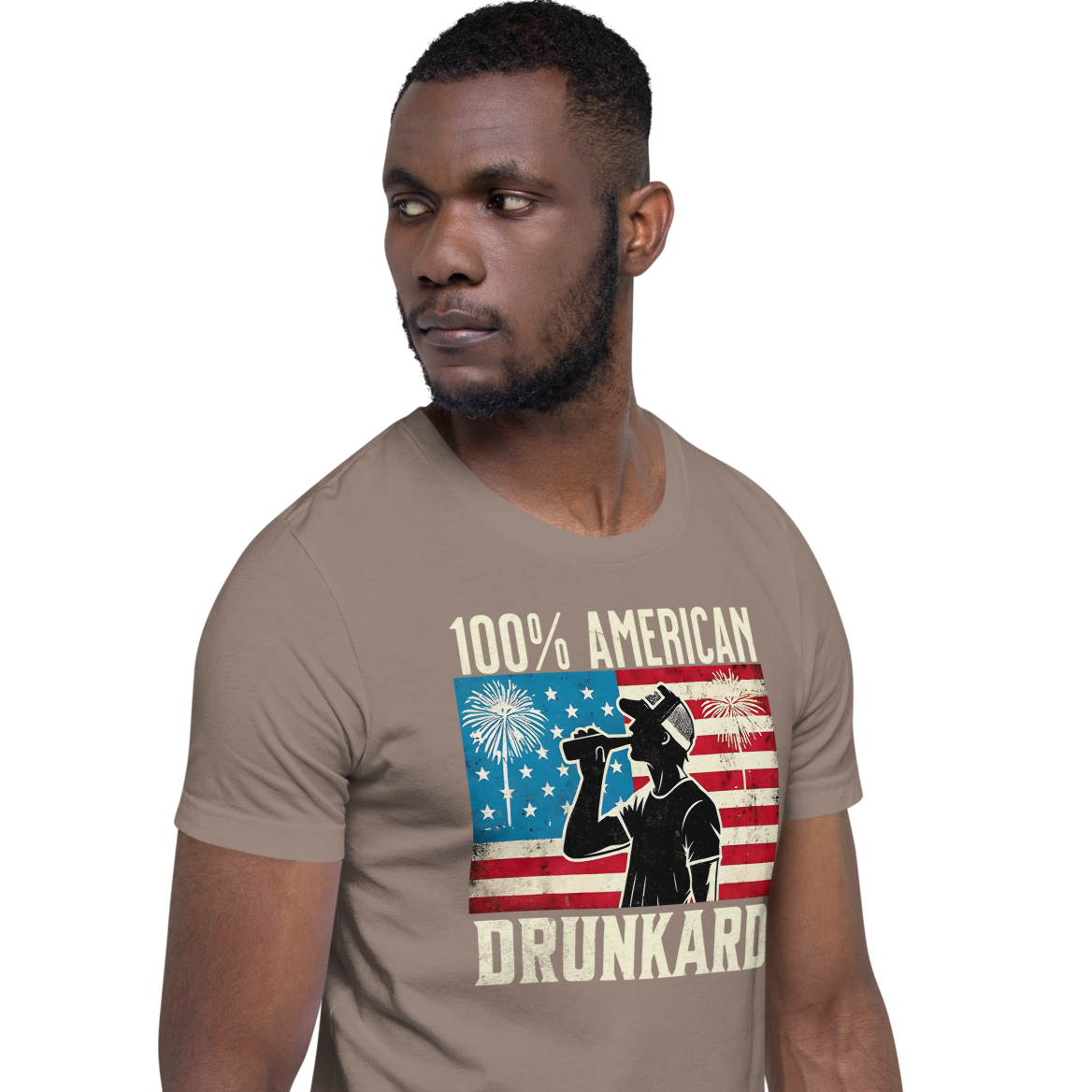 4th of July T-shirt with '100% American Drunkard' text, man drinking a bottle of beer wearing a trucker hat, and distressed American flag background