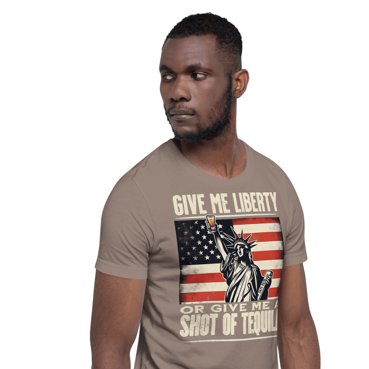 T-shirt with Give Me Liberty or Give Me a Shot of Tequila text, Statue of Liberty holding a shot glass, and distressed American flag background. Perfect for 4th of July.