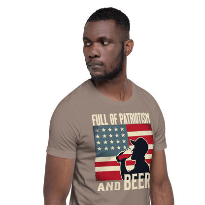 T-shirt with Full of Patriotism and Beer text and a distressed American flag background. Perfect for 4th of July.