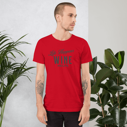 Life Happens Wine Helps Tee - Funny & Comfy ApparelEmbrace laid-back style with our "Life Happens Wine Helps" Tee. Perfect blend of humor & comfort in 100% cotton. Ideal for everyday wear. Shop now!