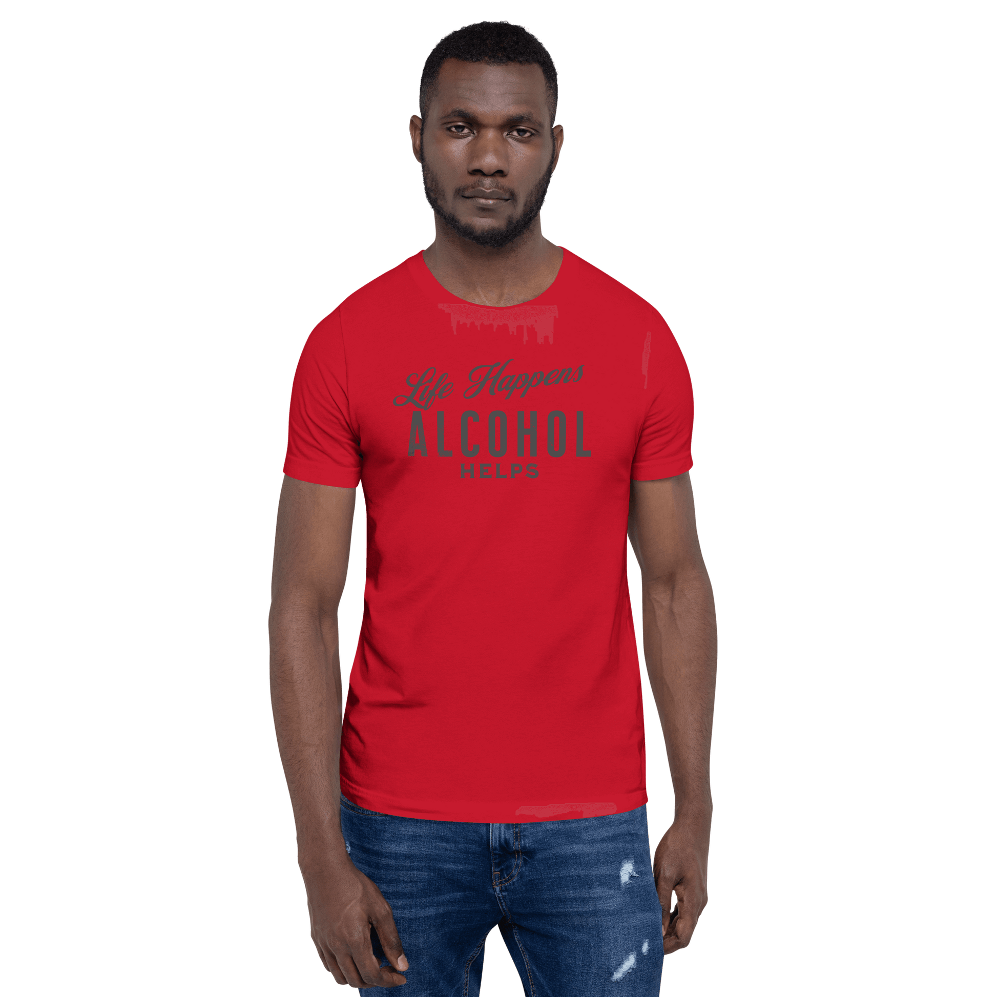 "Life Happens Alcohol Helps" T-Shirt: Embrace Fun! Get your hands on the ultimate funny drinking t-shirt. Comfortable, lightweight, and perfect for all. Dive into fun with style!