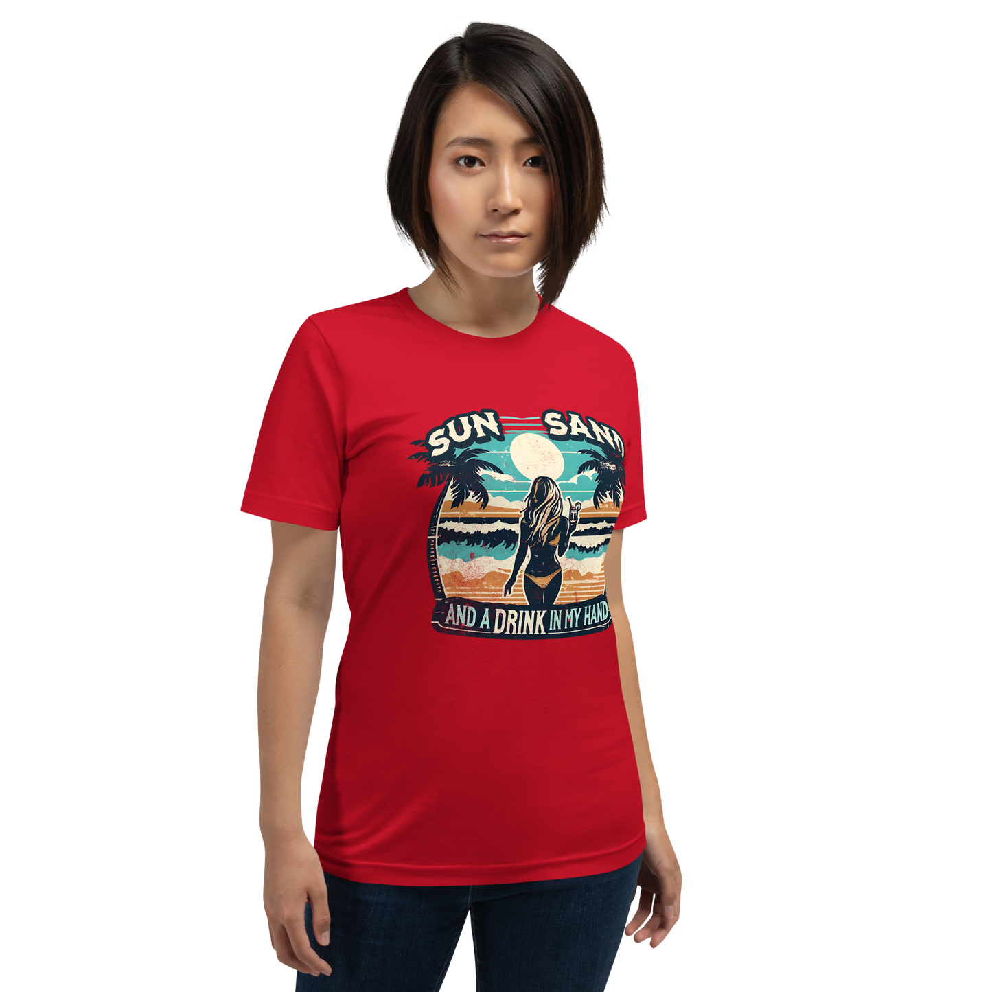 Woman with cocktail on beach on 'Sun, Sand, and a Drink in My Hand' tee, showcasing ocean and sun background