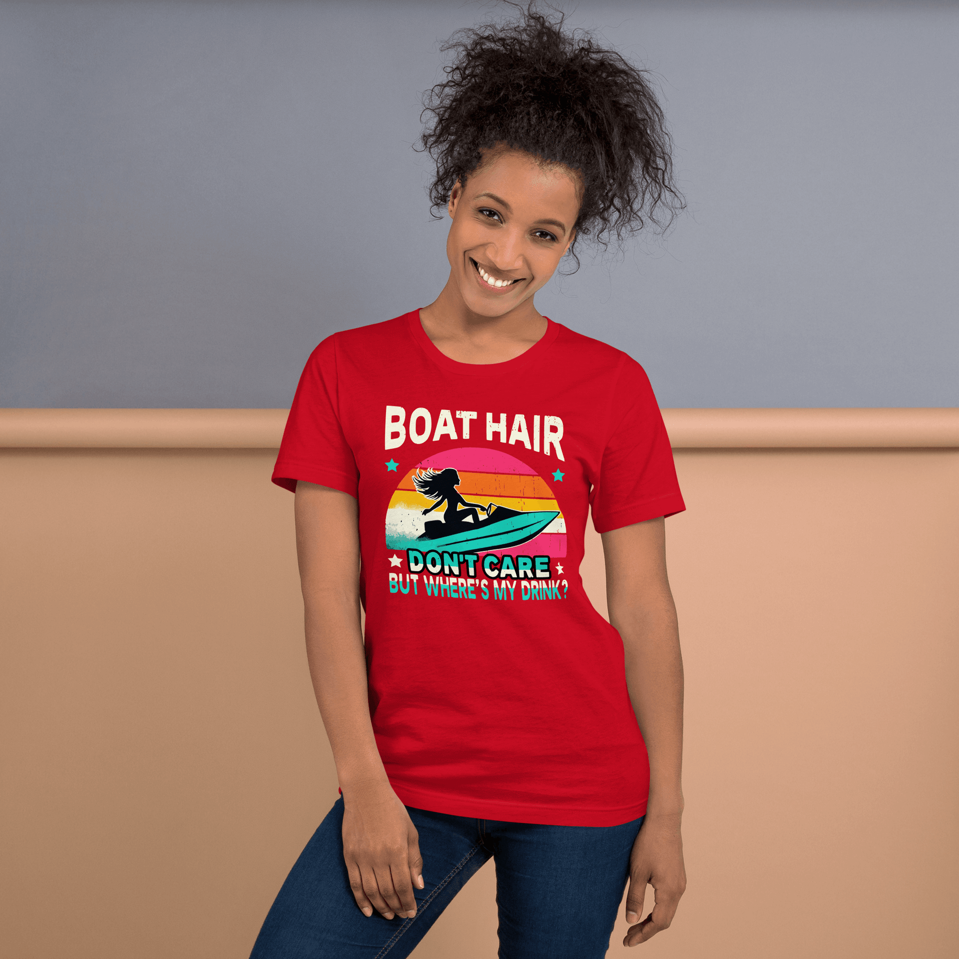 Tee with "Boar Hair Don't Care, But Where's My Drink?" and a woman on a jet ski against a retro sunset backdrop.