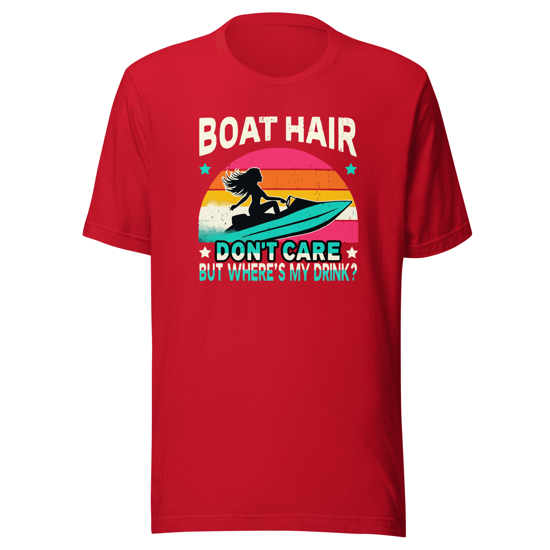 Tee with "Boar Hair Don't Care, But Where's My Drink?" and a woman on a jet ski against a retro sunset backdrop.