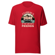 Tee with "It's a Good Day to Drink at the Lake with Friends," showing people drinking on a boat, with lake and mountain views.