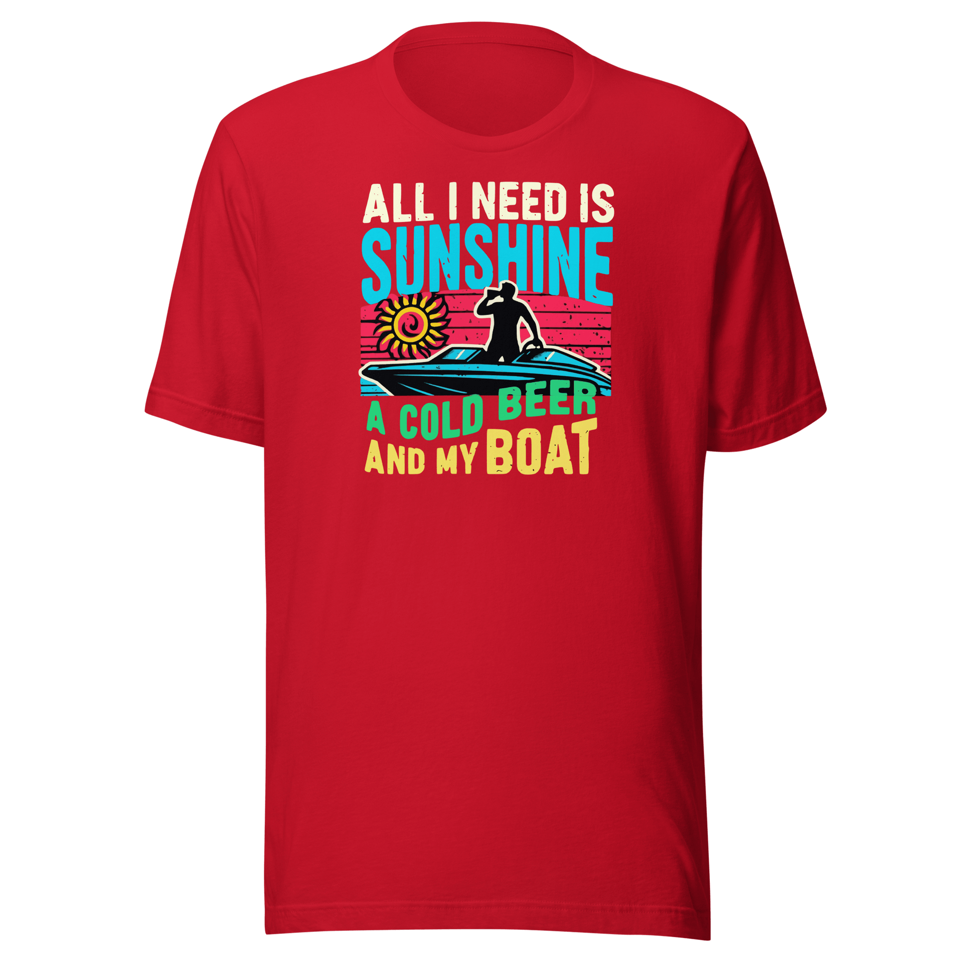 Tee featuring "All I Need Is Sunshine, a Cold Beer, and My Boat" with a man in a boat and a retro sunset in the background.