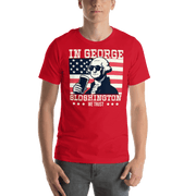 T-shirt with In George Sloshington We Trust text, image of George Washington drinking a beer, and distressed American flag background. Perfect for 4th of July.